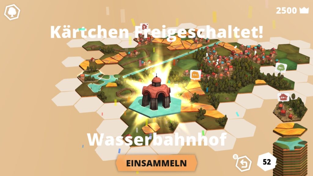Ein neues Kärtchen wurde freigeschaltet: Der Wasserbahnhof. Dieser lässt sich nun einsammeln.
