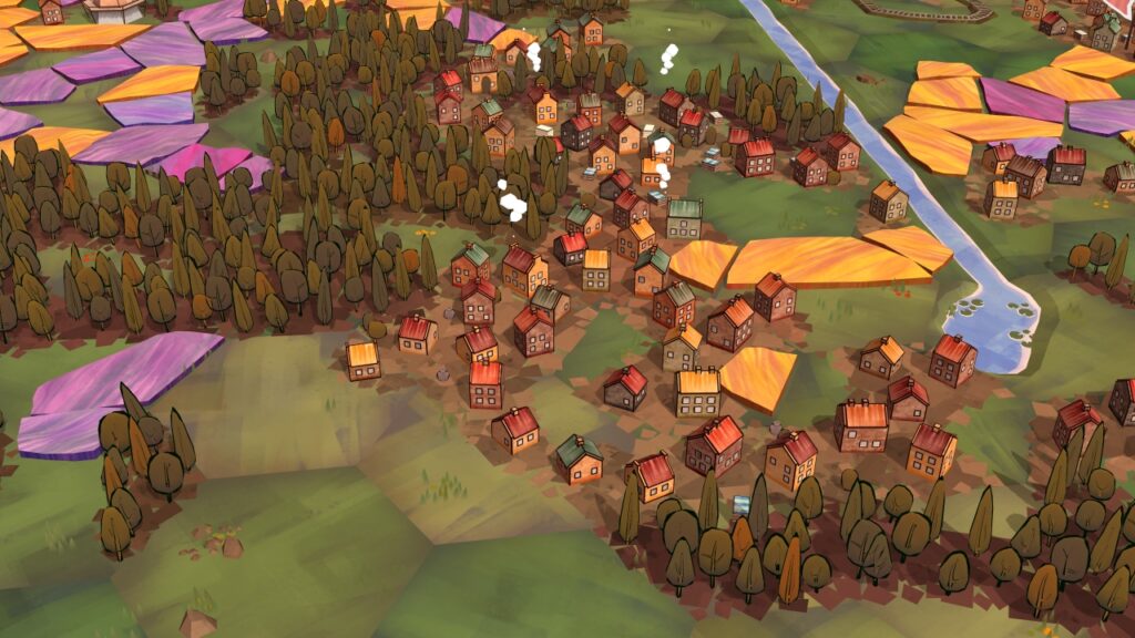 Nahaufnahme eines gespielten Bretts in Dorfromantik mit Fokus auf einer Ansammlung von Häusern, von denen aus ein paar Rauch aufsteigt.