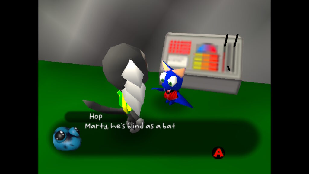 Screenshot aus Hop 'n' Marty. Marty und Macbat stehen vor einer Konsole. Hop: "Marty, he's blind as a bat"