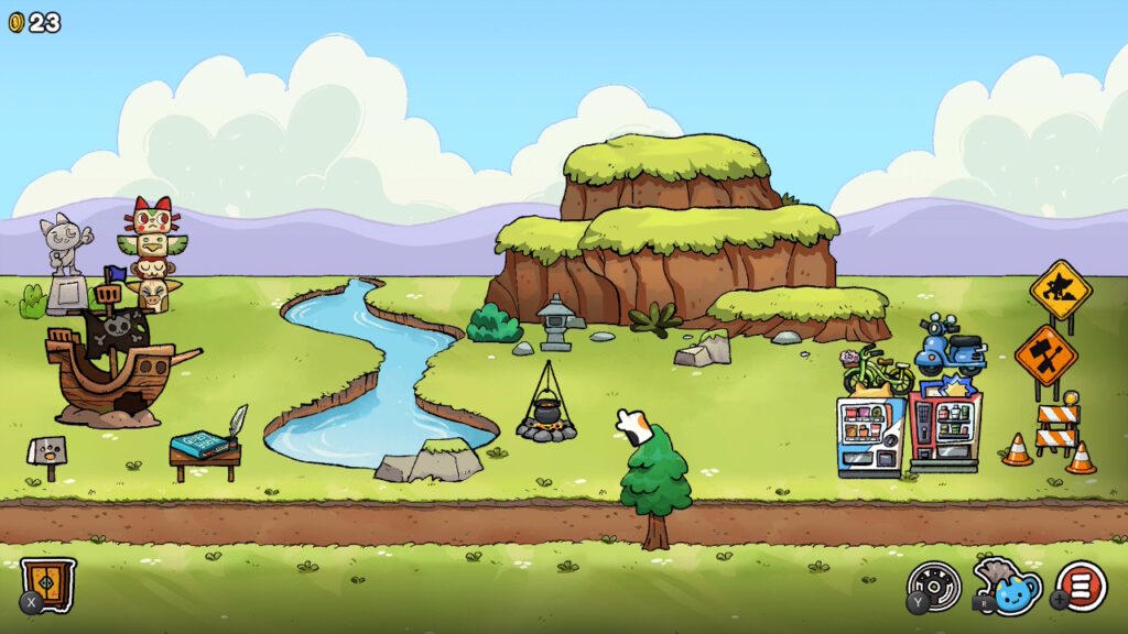 Mein Dorf in Kimono Cats. Es stehen ein paar Objekte herum, darunter ein Piratenschiff. Ein Fluss und ein Hügel sind ebenfalls dabei.