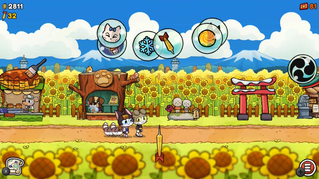 Screenshot aus Kimono Cats. Die Straße ist von Sonnenblumen umgeben. Über den beiden Katzen schweben Blasen mit Objekten. Die anthropomorphen Katzen werden von zwei auf vier Beinen laufenden Katzen begleitet.