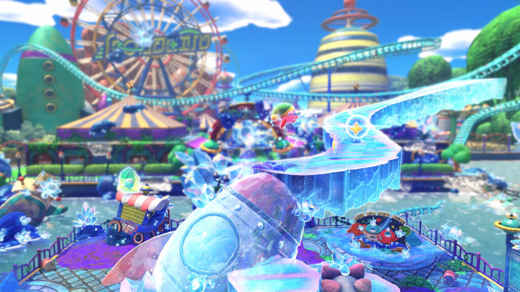 Screenshot aus Kirby und das Vergessene Land - Nintendo Switch 2 Edition + Die Sternensplitter-Welt, auf dem Schwert-Kirby über einen Weg aus Kristall springt.
