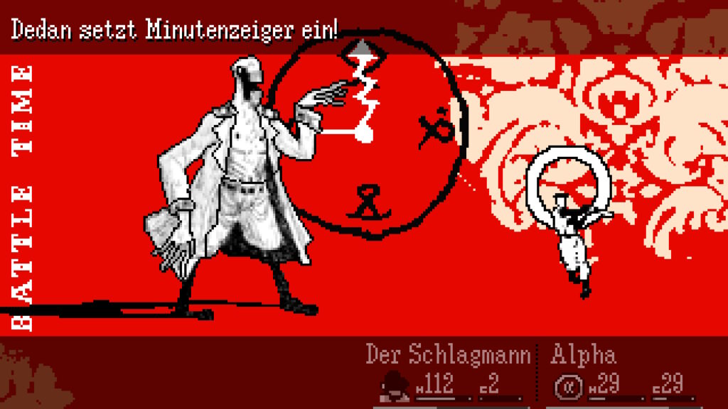 Screenshot aus dem Bosskampf gegen Dedan, der einen Angriff namens Minutenzeiger einsetzt, der die Form einer Uhr mit Zeigern auf 9 Uhr anzeigt.