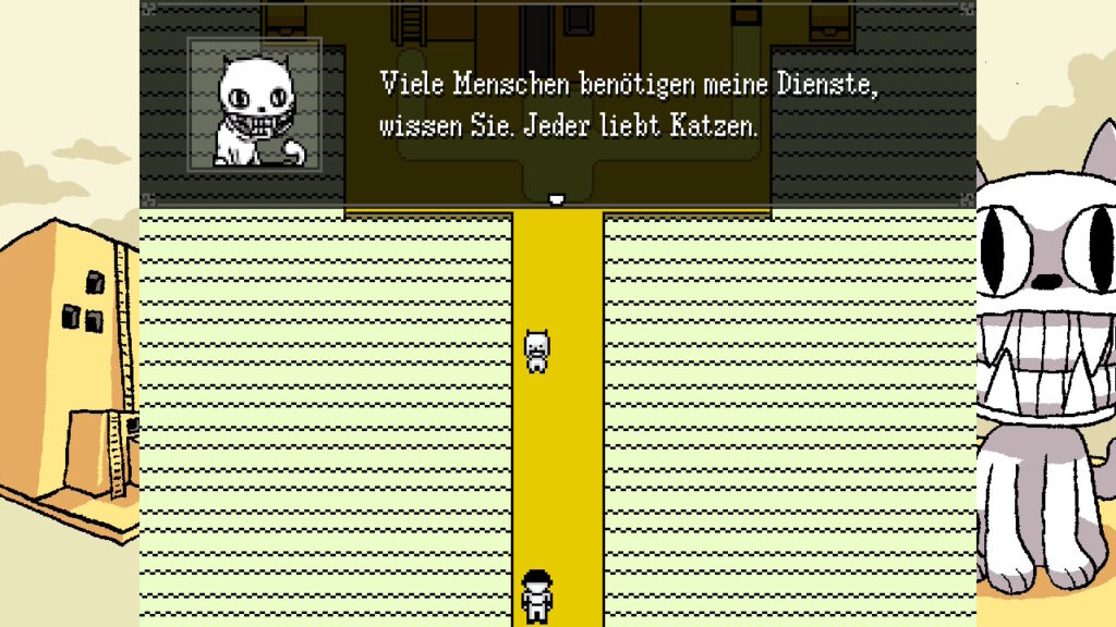 Screenshot aus OFF. Der Richter: "Viele Menschen benötigen meine Dienste, wissen Sie. Jeder liebt Katzen."