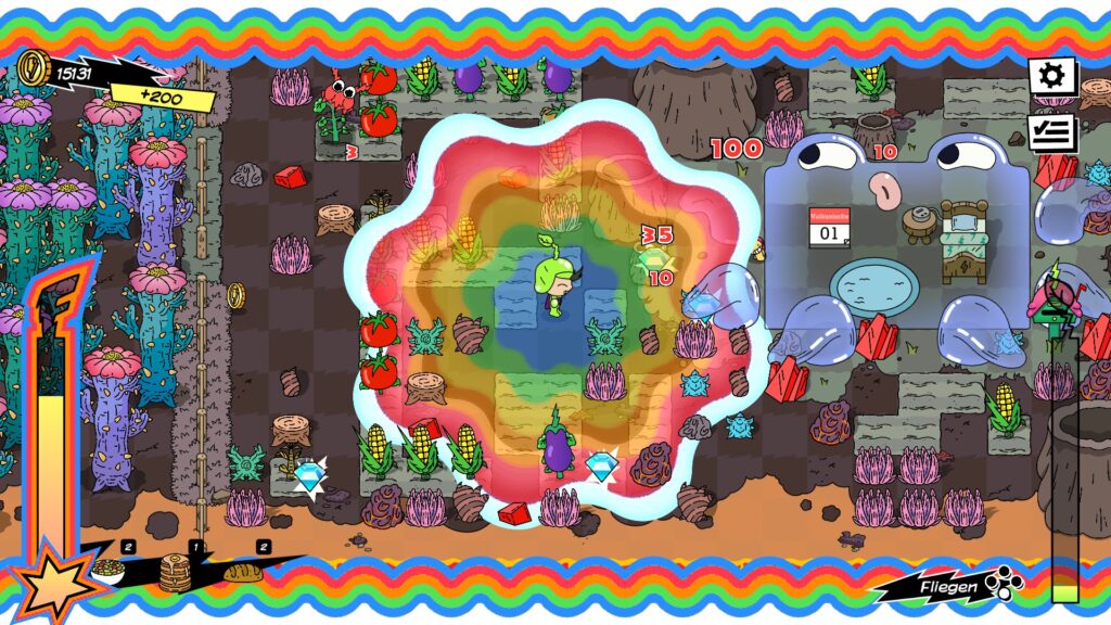 Screenshot aus Super Farming Boy. Der Fiebermodus ist auf der Farm aktiviert. Ein bunter, blumenförmiger legt sich um Super herum.