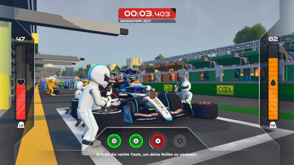 Boxenstopp Minispiel in einem Rennen in Formula Legends