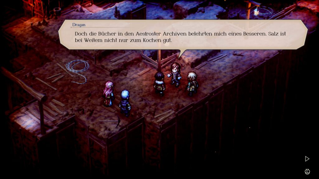 Screenshot aus Triangle Strategy. Dragan: "Doch die Bücher in den Aesfroster Archiven belehrten mich eines Besseren. Salz ist bei Weitem nicht nur zum Kochen gut."