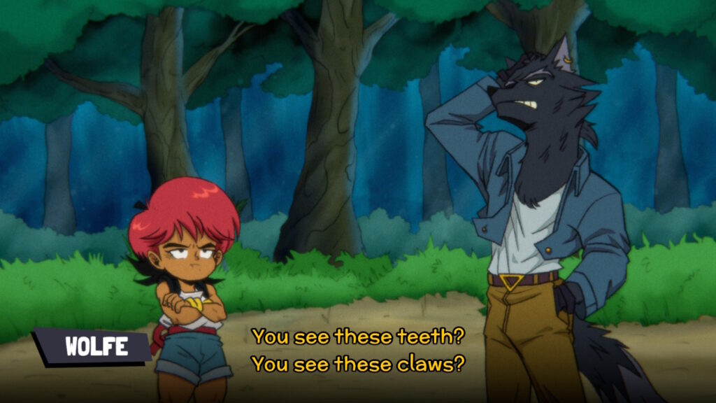 Screenshot aus Wander Stars. Wolfe: "You see these teeth? You see these claws?"