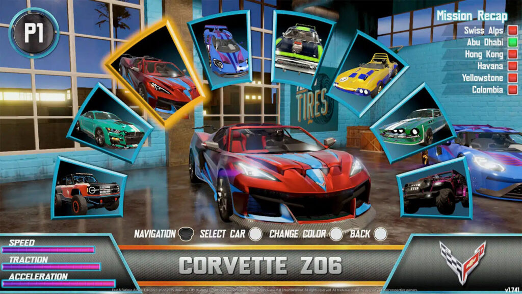 Die Fahrzeugauswahl in Fast & Furios: Arcade Edition