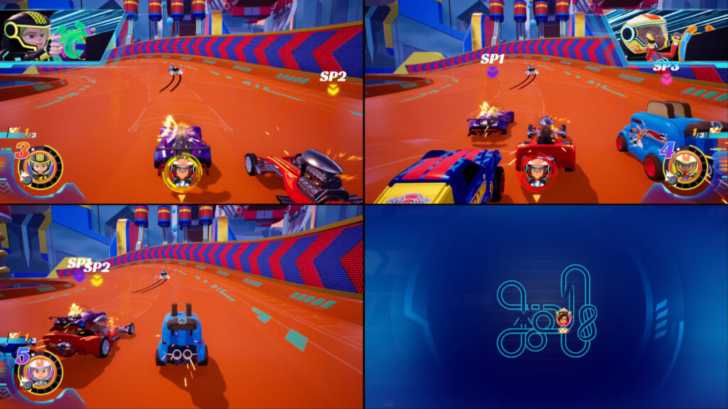3-Spieler Splitscreen mit der Minikarte auf dem vierten Screen