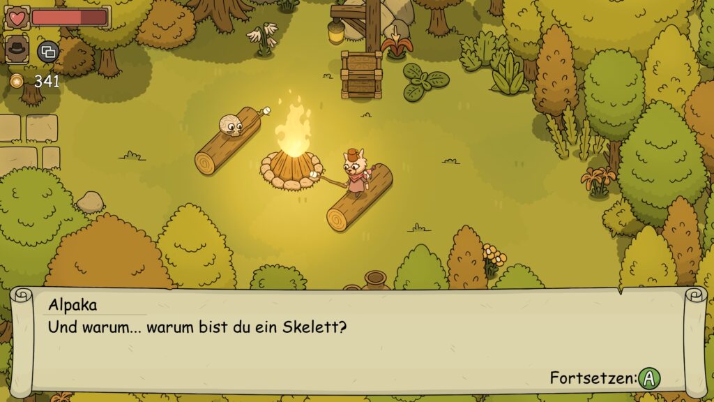 Alpaka und Schädel am Lagerfeuer. Alpaka: "Und warum ... warum bist du ein Skelett?"