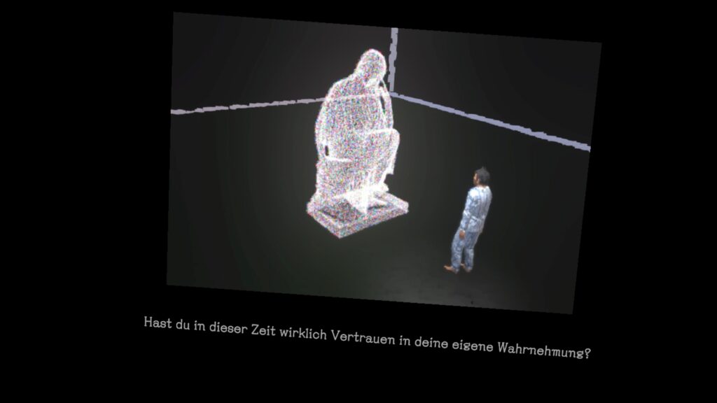 Screenshot: Mann im Pyjama vor einer Statue in Denkposition. "Hast du in dieser Zeit wirklich Vertrauen in deine Wahrnehmung?"