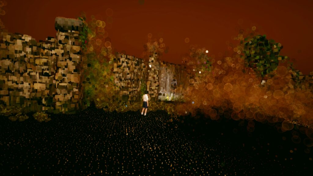 Screenshot aus Dreams of Another im VR-Modus: Halb materialisierte Wände und ein Junge.