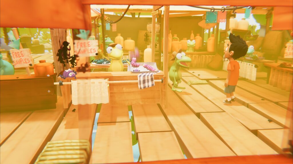 Screenshot von Sopa: Holzbuden und Frösche auf dem Schwarzmarkt.