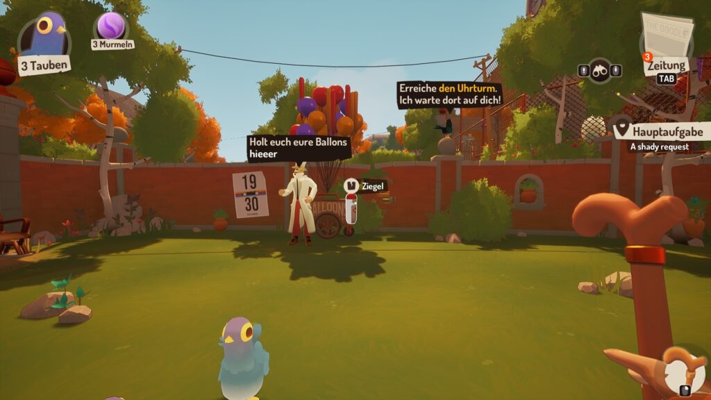 Ein Ballonverkäufer. Die Heliumflasche ist hervorgehoben und mit einem Ziegelsymbol markiert.