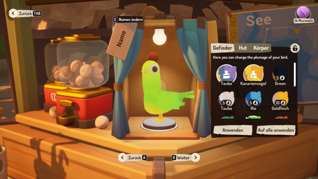 Screenshot aus The Bench. Laden mit verschiedenen Gefiederfarben, Hüten und anpassbaren Körperformen. Die Taube ist grellgrüngelb und trägt einen Fez.