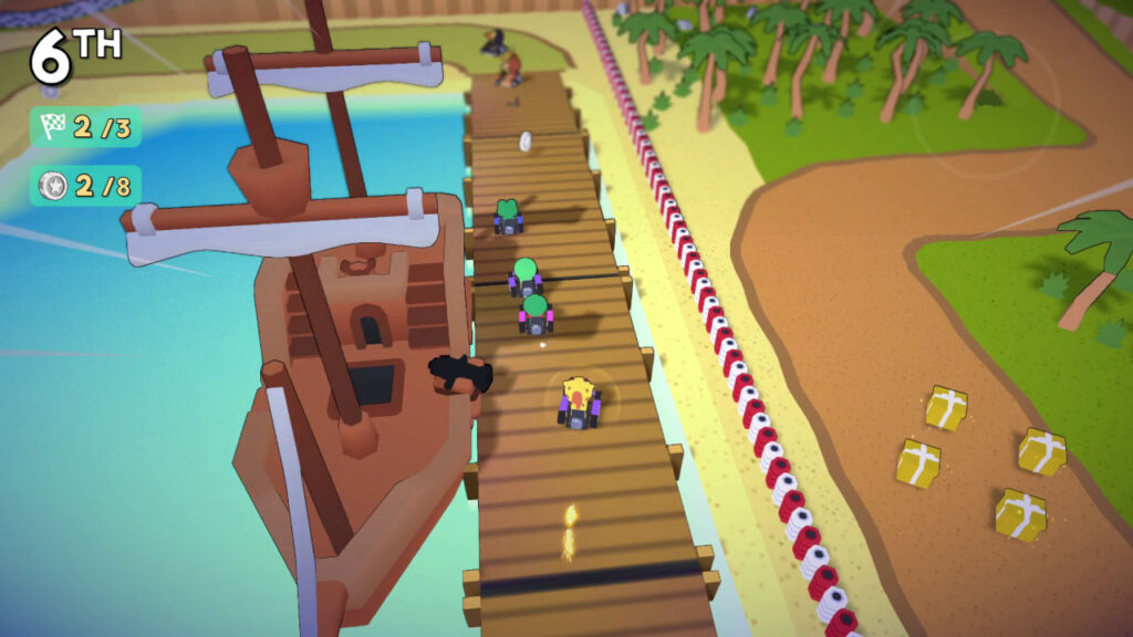 Eine Giraffe im lila Kart als Fahrer in Go Kart Island