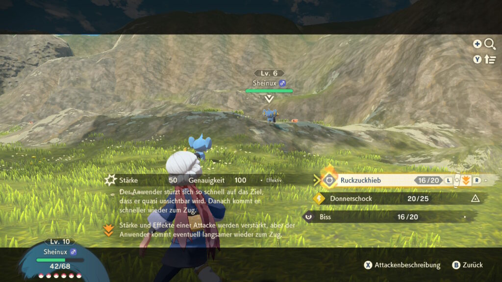 Kampf in Pokémon-Legenden: Arceus. Sheinux gegen Sheinux, Angriffsauswahl mit Stärkeangriff Ruckzuckhieb.