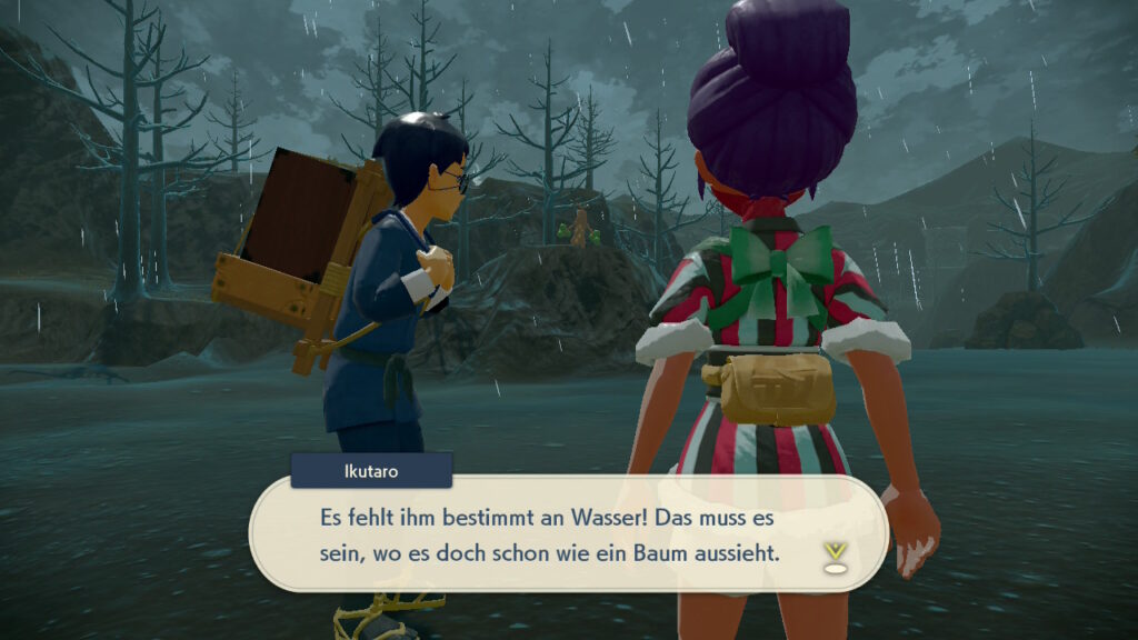 Screenshot aus Pokémon-Legenden: Arceus. NPC Ikutaro, während im Hintergrund ein Mogelbaum steht: "Es fehlt ihm bestimmt an Wasser! Das muss es sein, wo es doch schon wie ein Baum aussieht."