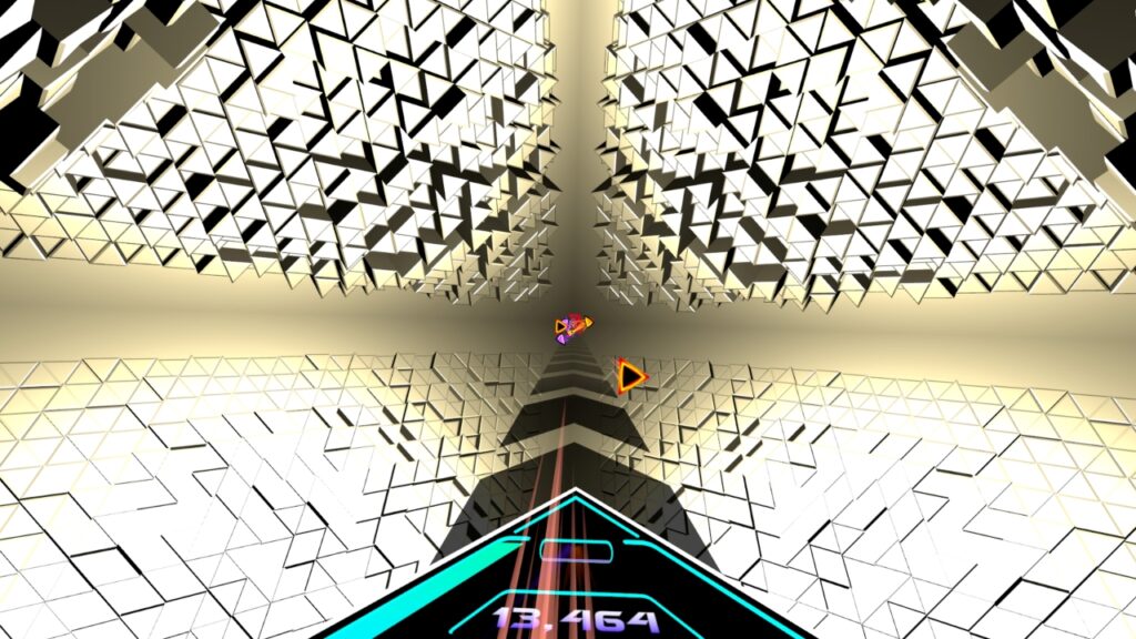 Screenshot aus Audio Trip. In der Mitte die Linie mit den NOten, darum herum viele weiße Dreiecke.