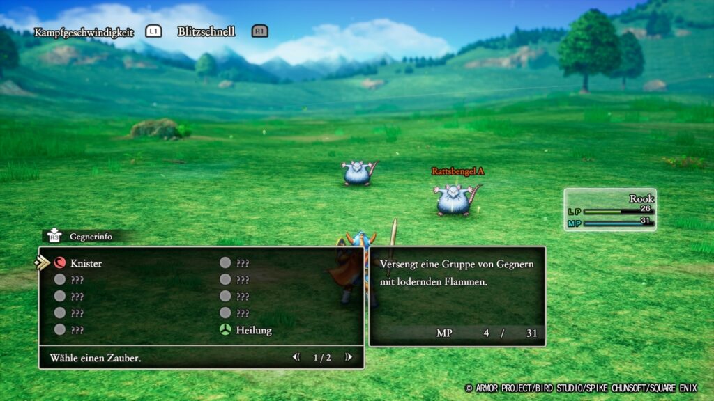 Kampfbildschirm in Dragon Quest I mit Auswahl von Zaubern, wobei die meisten noch nicht erlernt und Fragezeichen sind.