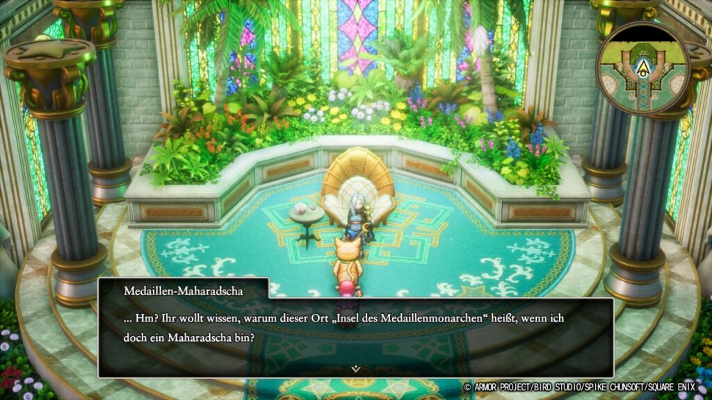 Medaillen-Maharadscha: "... Hm? Ihr wollt wissen, warum dieser Ort 'Insel des Medaillenmonarchen' heißt, wenn ich doch ein Maharadscha bin?" aus Dragon Quest II