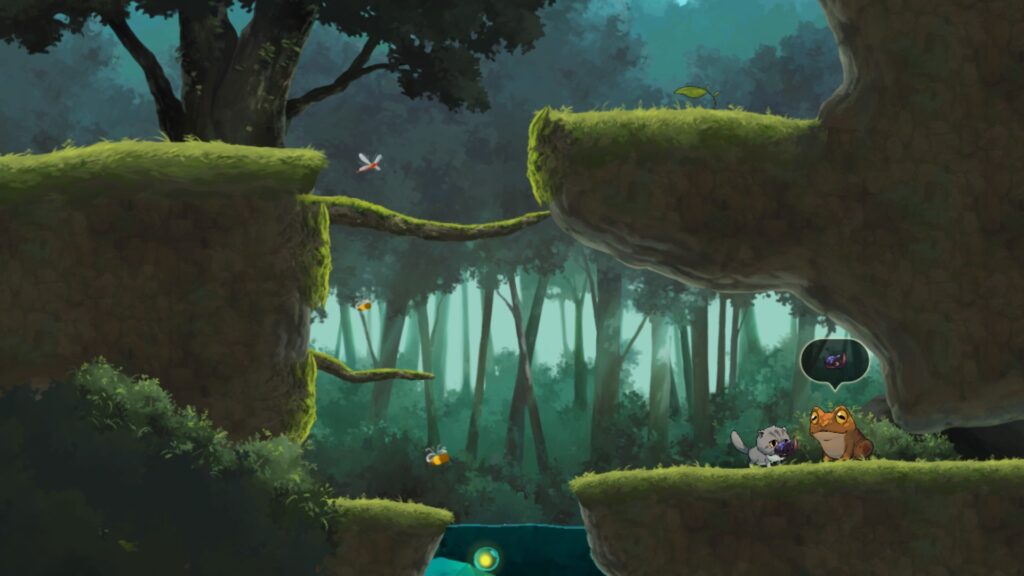 Screenshot Princess of the Water Lilies. Katze hat einen Nashornkäfer im Maul und steht vor einem Frosch, über dem eine Sprechblase ein Bild eines Nashornkäfers zeigt.