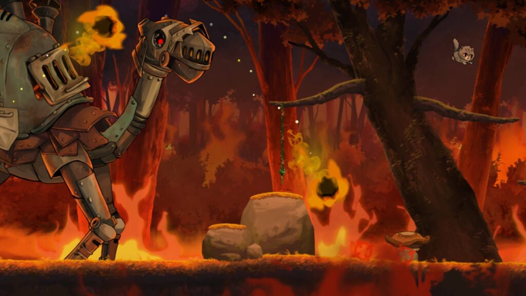 Katze im Sprung über Ästen. Von links folgt ihr ein mechanisches Kamel, das Feuerbälle wirft. Unten ist ein Pilz.