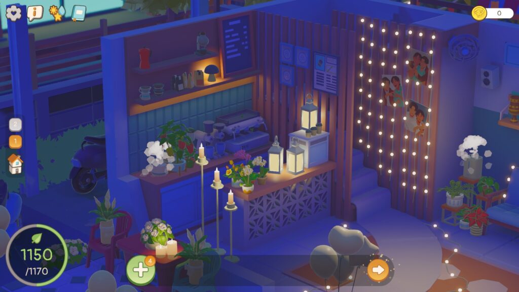 Nahaufnahme einer Theke mit ein paar Lampen, Pflanzen und einem Luftbefeuchter. Daneben eine Treppe, an der Wand hängen Bilder des Paars.