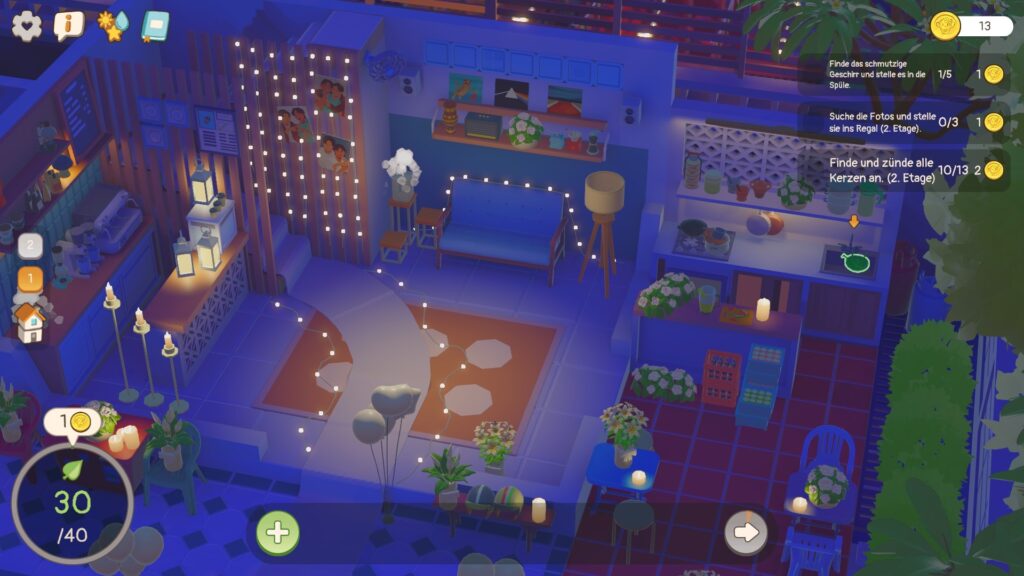 Blick auf das Untergeschoss, das im Dunkeln liegt und dekorativ beleuchtet wird.