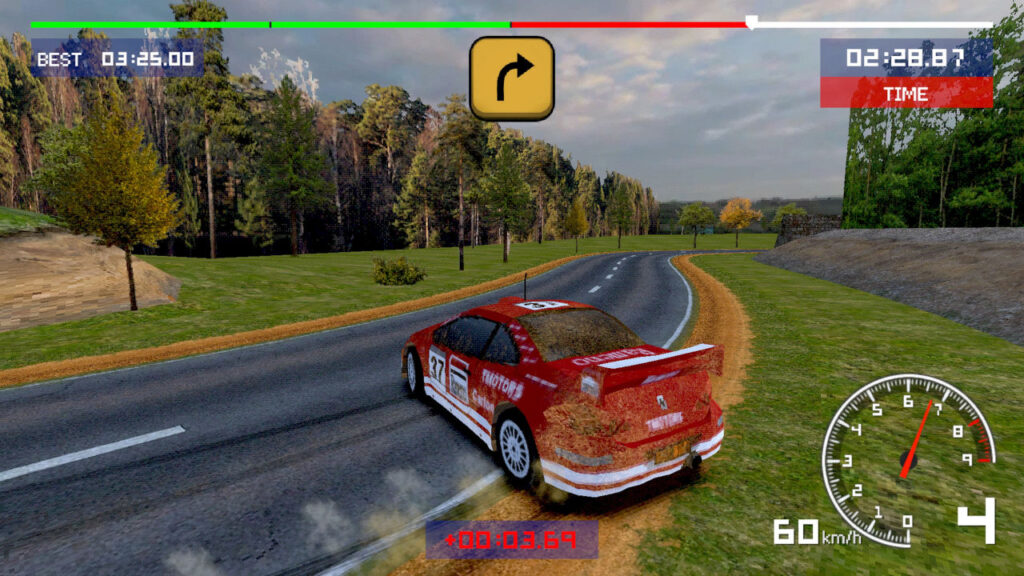 Ein rotes Rally-Auto driften um eine Kurve