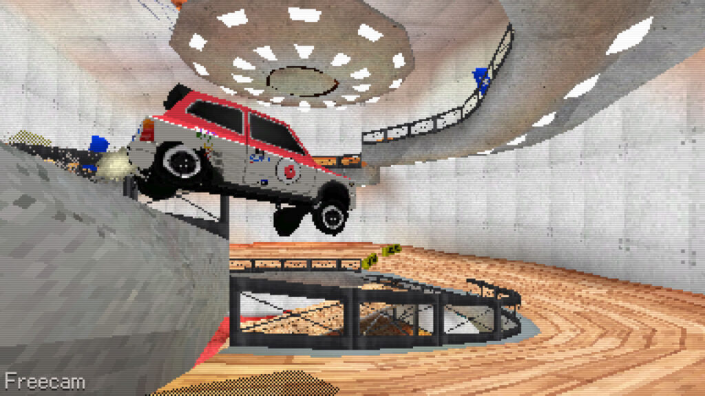 Ein weiß-rotes Auto spring von einer Anhöhe in Parking Garage Rally Circuit DX