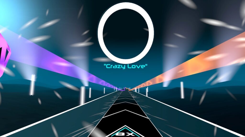 Screenshot aus dem dreißigminütigen Mix mit einer stilisierten Straße, einem großen Kreis oben und in der Mitte des Bildschirms steht "Crazy Love".