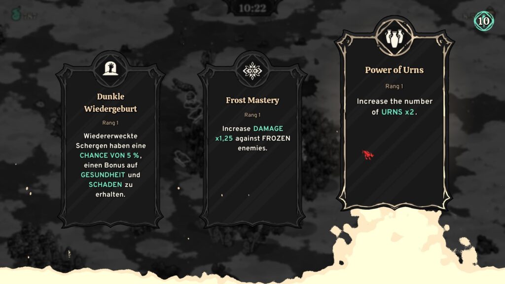 Auswahlbildschirm für die Perks. Dunkle Wiedergeburt, Frost Mastery und Power of Urns.