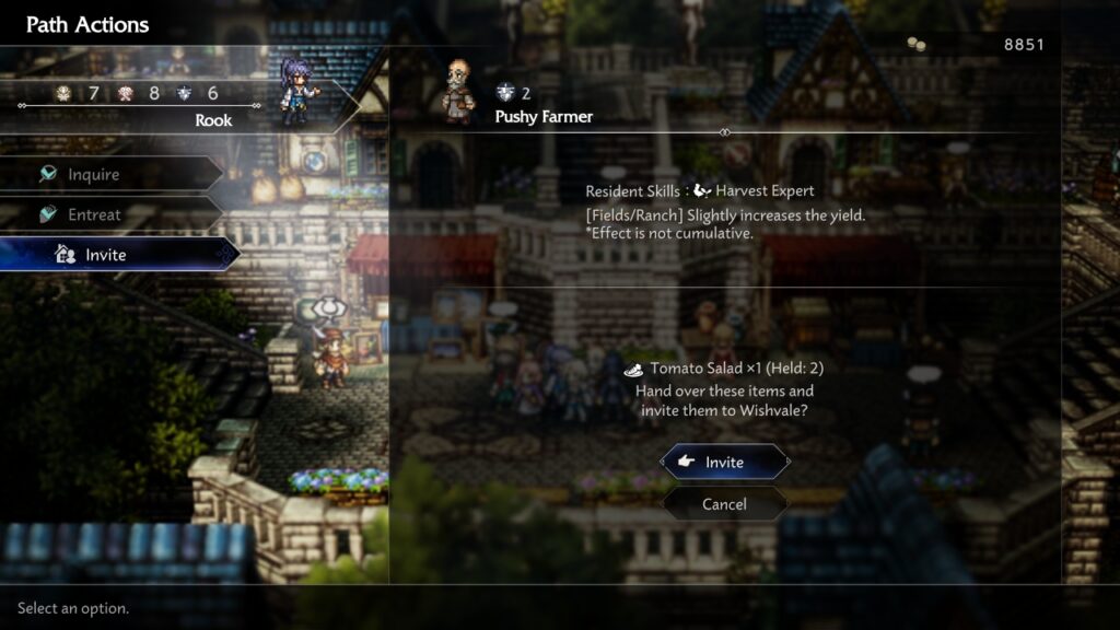 Bildschirm Path Action. Ich kann einen Pushy Farmer einladen, weil ich Tomatensalat habe.