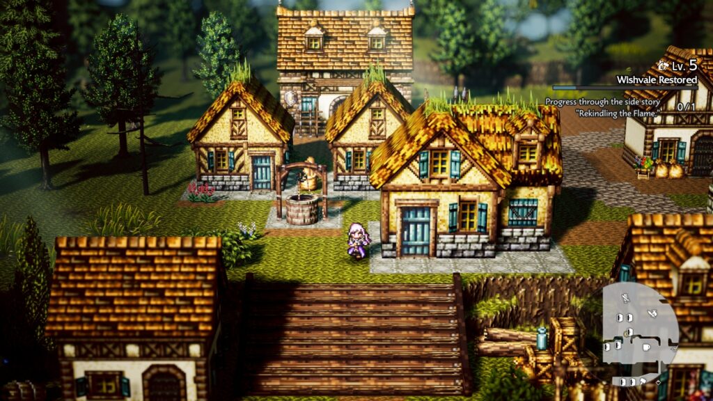 Screenshot Octopath Traveler 0: Ein kleiner Teil von Wishvale mit ein paar Häusern rund um einen Steinbrunnen.