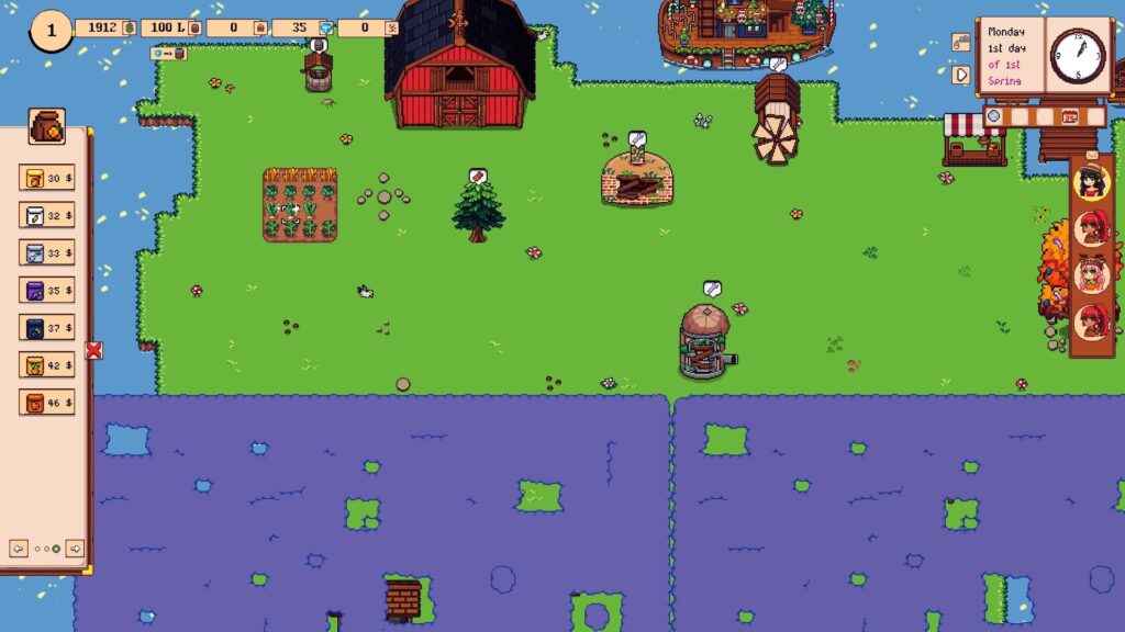 Screenshot Sunset Sprout. 4x4 Feld, oberhalb der Insel ein weihnachtlich dekoriertes Schiff.