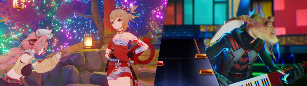 Yoimiya und Varesa aus Genshin Impact und Darth Jar Jar in Fortnite Festival