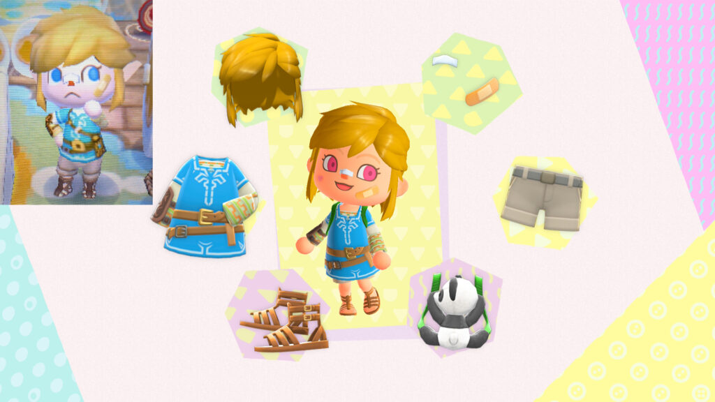 Link-Outfit aus dem 3.0-Update mit den erwähnten weiteren Kleidungsstücken. Kleines Vergleichsbild des Charakters aus New Leaf.