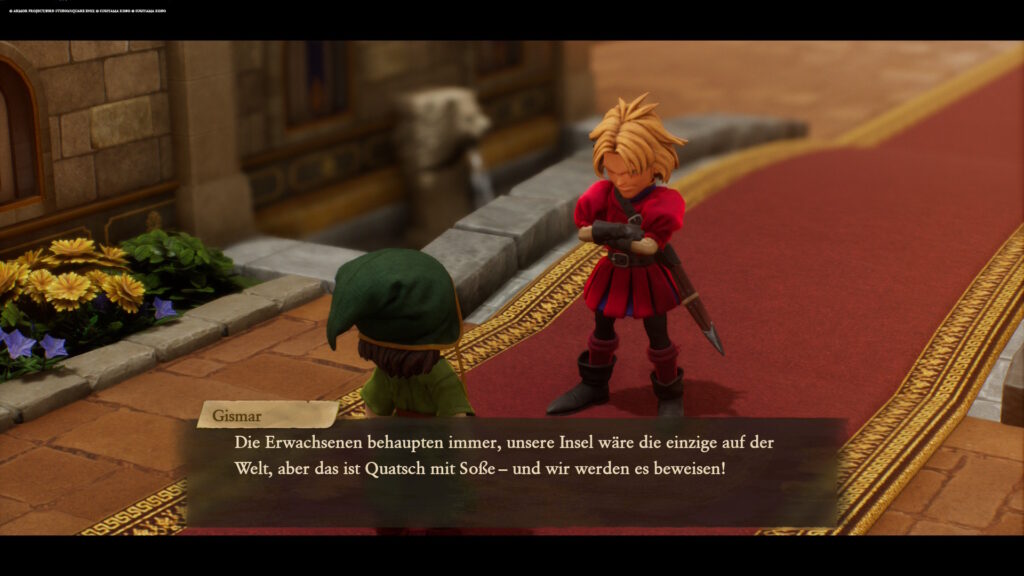 Screenshot Dragon Quest VII Reimagined. Gismar: "Die Erwachsenen behaupten immer, unsere Insel wäre die einzige auf der Welt, aber das ist Quatsch mit Soße - und wir werden es beweisen!"