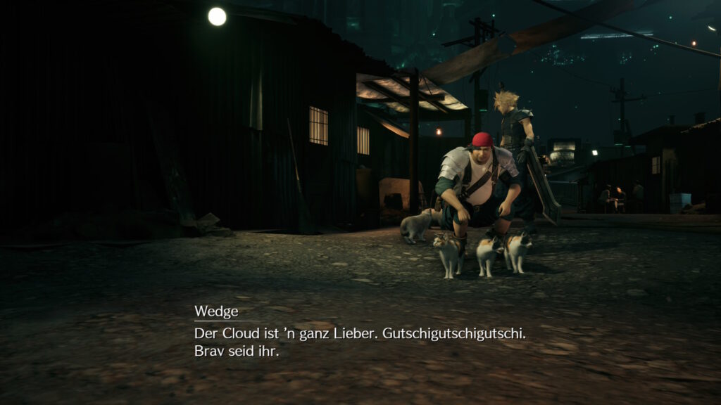 Screenshot Final Fantasy VII Remake Intergrade. Wedge kniet auf dem Boden und spricht mit seinen drei Katzen: "Der Cloud ist 'n ganz Lieber. Gutschigutschigutschi. Brav seid ihr."