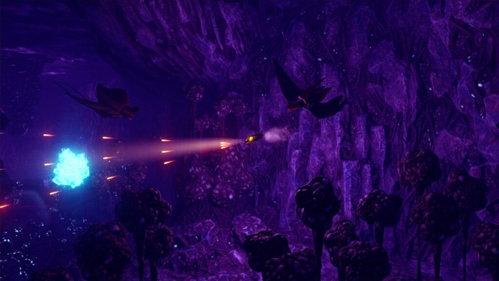 Kampf gegen Alien-Fische in einer lila Höhle in Sub-Species