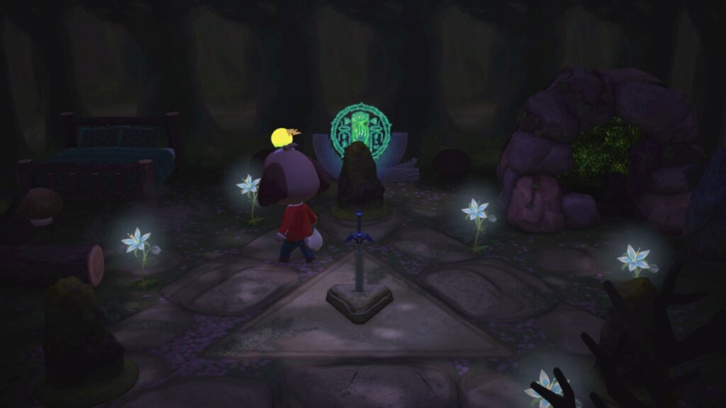 Blick auf das Master-Schwert, hinter einem der Ecksteine ist das Sonau-Symbol. Rechts die Höhle, an deren Eingang eine Statue der Göttin steht