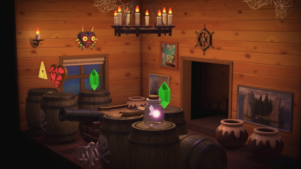 Blick von der linken hinteren Ecke des Raums auf den Zimmereingang. Das Skelett hinter der Theke ist zu erahnen