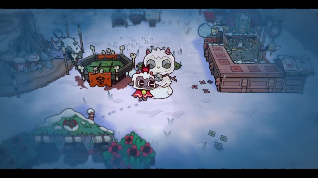 Screenshot von einem Schneelamm aus Cult of the Lamb: Woolhaven