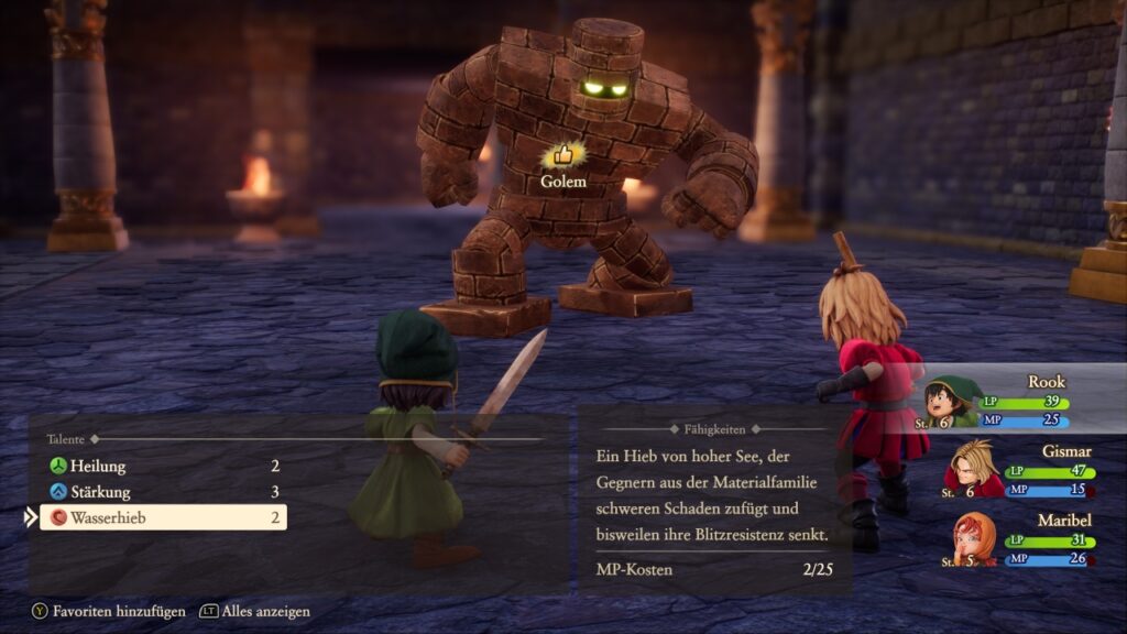 Auswahlbildschirm für Aktionen im Kampf. Wasserhieb ist effektiv gegen den Golem, was durch einen gelben, nach oben gerichteten Daumen angezeigt wird.