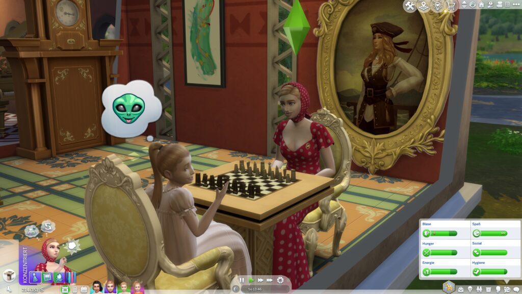 Sim trägt Kleidung aus dem Filmlegenden-Style-Set und sitzt am Schachbrett.