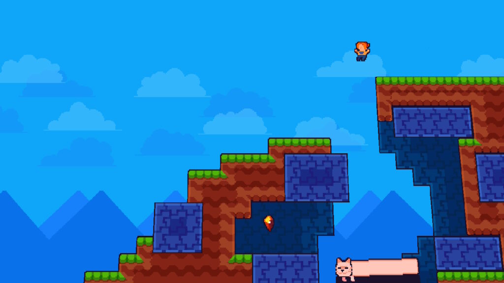 Level in 1 CatLine, bei dem die Heldin gerade in der Luft ist und Theo deutlich unter ihr eine Plattform bildet, auf der sie landen kann.