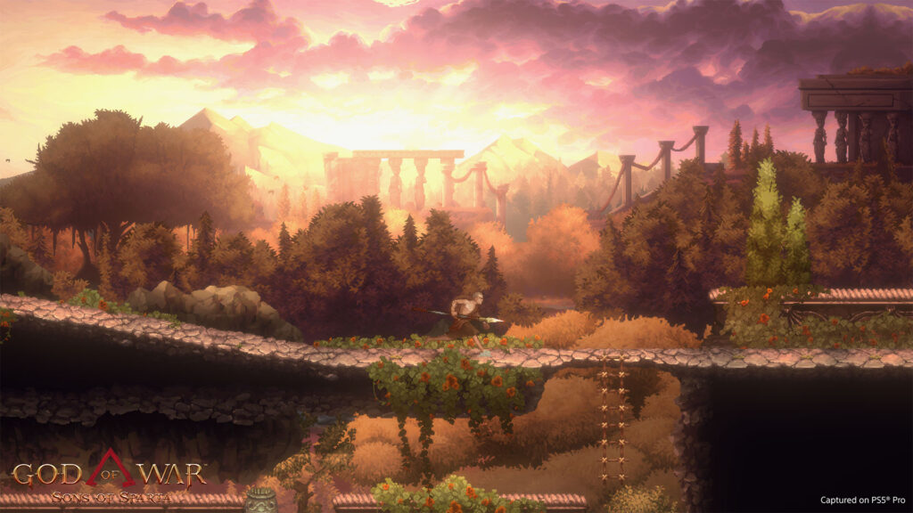 Screenshot aus God of War: Sons of Sparta. Zeigt eine Landschaft durch die Kratos läuft.