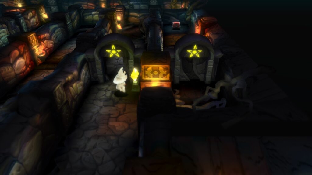 Screenshot innerhalb eines Dungeons, Edea vor zwei Türen und neben einem Kristall, der in der gleichen Farbe leuchtet wie die Muster über den Türen.